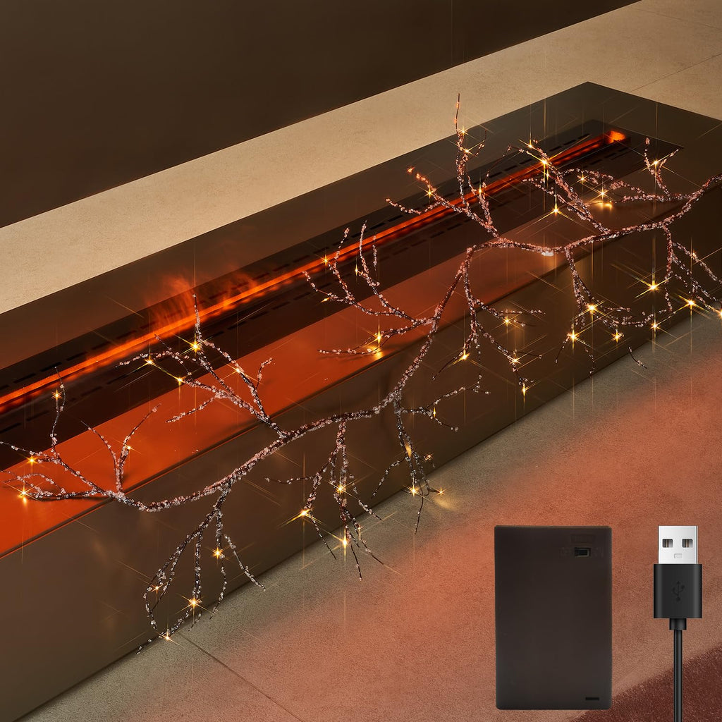 Fudios Lighted Iced Garland with Timer 48 LED Fairy Lights 6ft Battery or USB Plug for Mantle Decor Lit Christmas Brown Twig Garland Winter Home Holiday Indoor Use