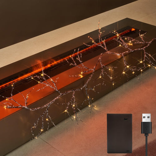 Fudios Lighted Iced Garland with Timer 48 LED Fairy Lights 6ft Battery or USB Plug for Mantle Decor Lit Christmas Brown Twig Garland Winter Home Holiday Indoor Use