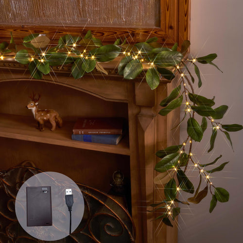 BAOLITVINE Lighted Magnolia Garland with Timer 6FT 80 LED Fairy Lights Artificial Plant Vine Garland with Lights Battery Operated or USB Plug in for Fireplace Mantle Christmas Spring Decoration