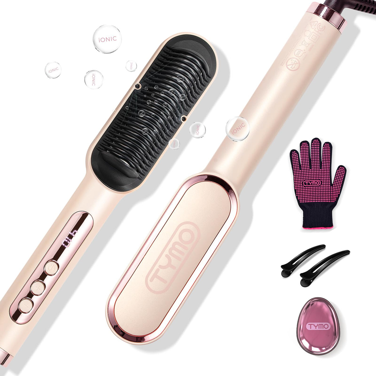 TYMO Ring Plus Ionic Hair Straightener Brush - Straightening Comb with Negative Ions for Women Titanium Coating 9 Temp Settings & LED Display Dual Voltage Professional Styling Tools Gold Blush