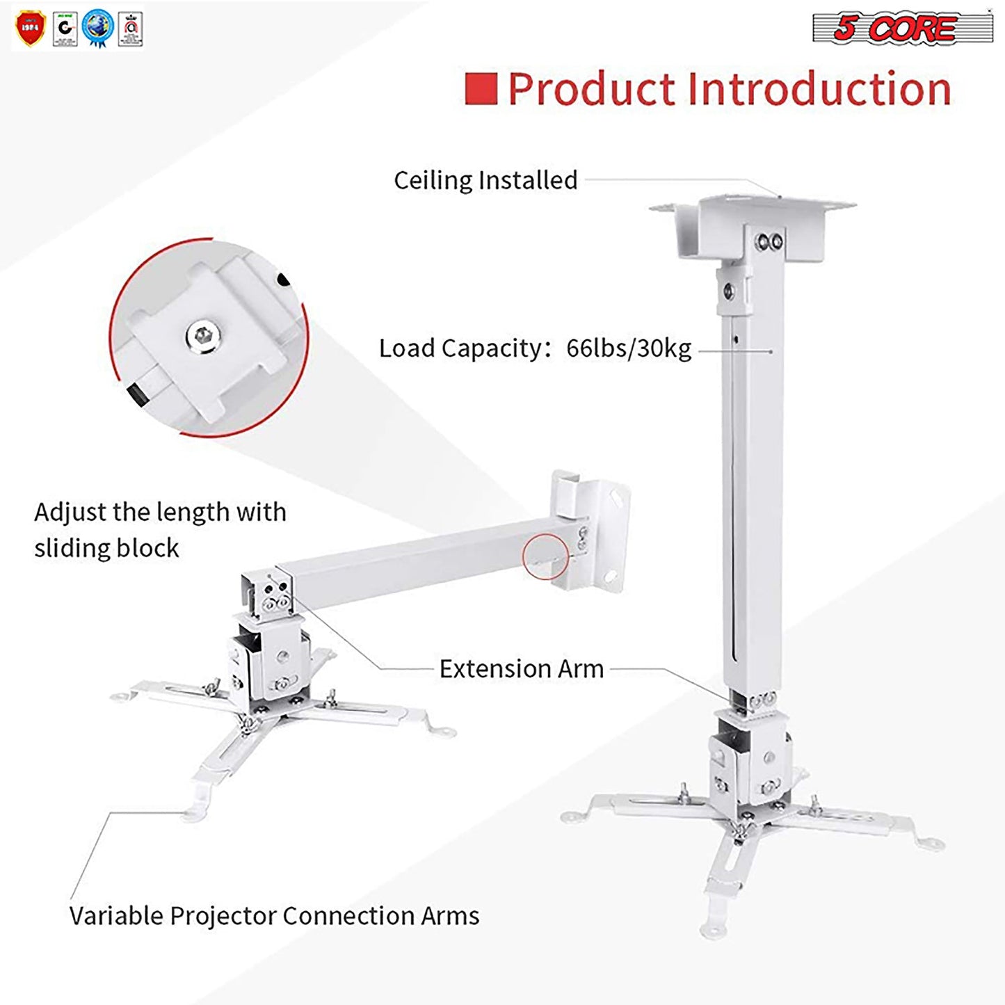 5Core Projector Mount Ceiling Wall Universal Holder Adjustable Low Profile Capacity 40lb